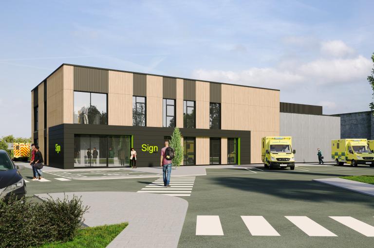 A CGI of the outside of the ambulance station in Hazel Grove, Stockport.