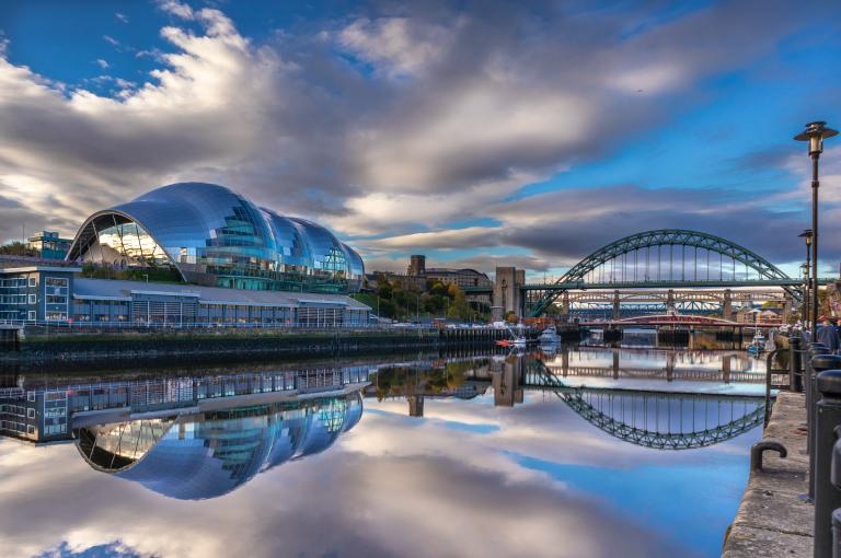 Stock photo of river Tyne, Sage Gateshead, Newcastle bridge