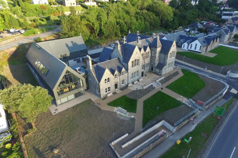 Aerial photo of Charles Kennedy building, an old school refurbished into offices, in in Fort William