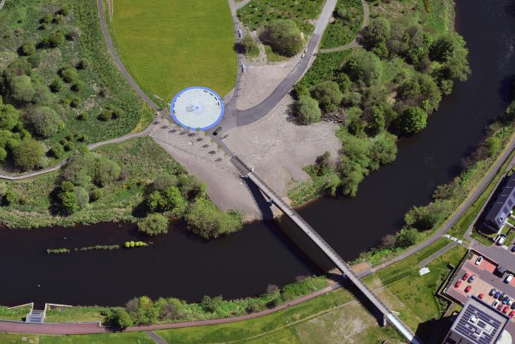 An aerial view of Cuningar Loop and the footbridge in Rutherglen.