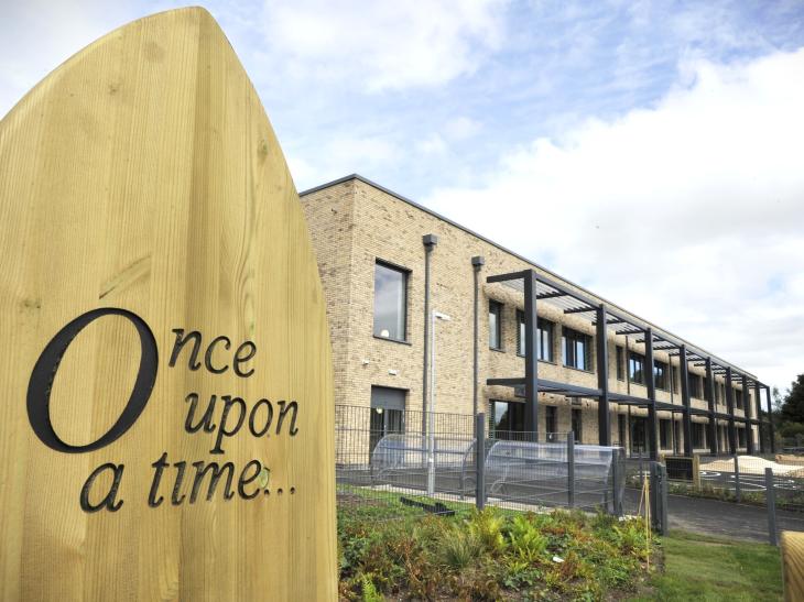 Montgomerie Park Passivhaus Primary School with wooden signage