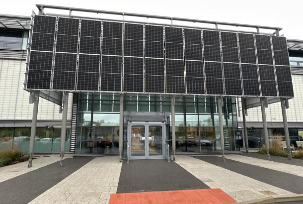 Solar panels on outside of the AMRC Net Zero Building in Sheffield