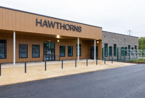 Front entrance of the new Hawthorns Primary School, delivered by Robertson Construction North West for Tameside Council