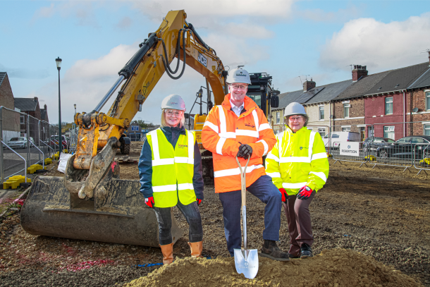 Three people, including Robertson Construction North East MD Neil Kennedy, at the groundbreaking of Hebburn Extra Care