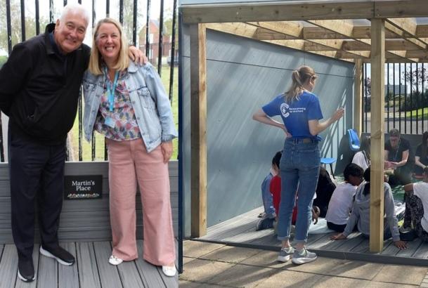 Two images: one of two people standing next to a plaque unveiling an outdoor play area, and the other of children using the outdoor play area