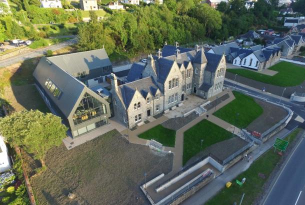 Aerial photo of Charles Kennedy building, an old school refurbished into offices, in in Fort William