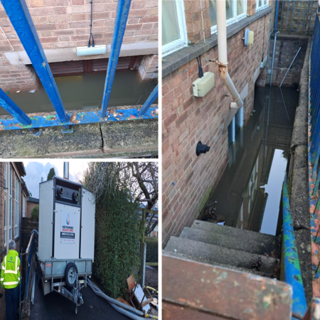 Collage of images of a flooding at a school in Stockport which Robertson Facilities Management solved with its supply chain