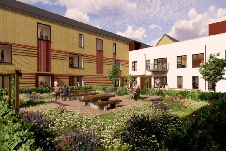 Artist impression of Hebburn Extra Care's south courtyard. Project is being delivered by Robertson Construction North East