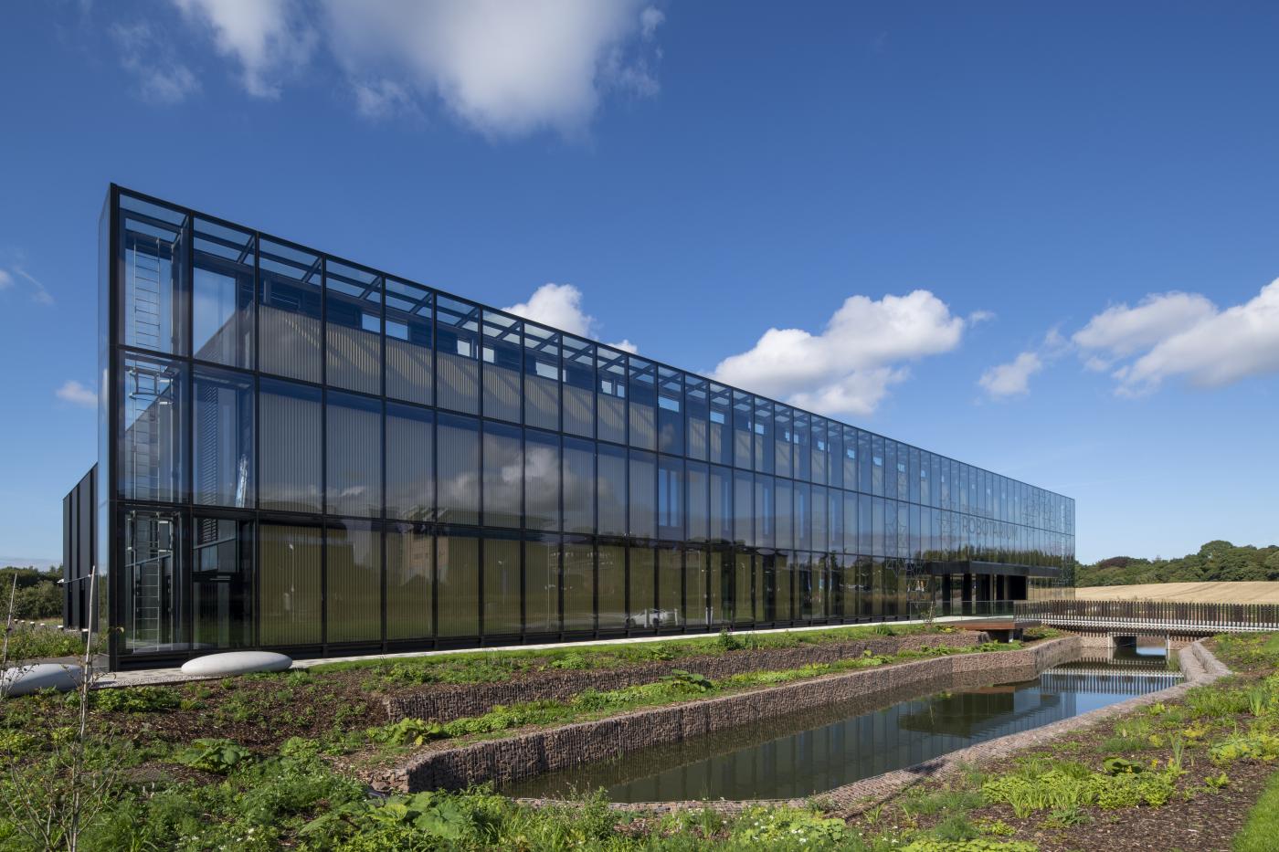 The glass facade at the front to The National Robotarium in Edinburgh.