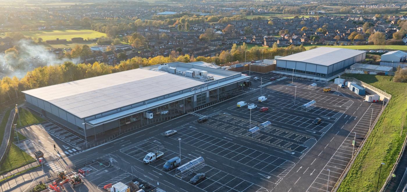 Drone image of Houghton Retail Park, delivered by Robertson Construction North East. Image - Dronecam Solutions Ltd