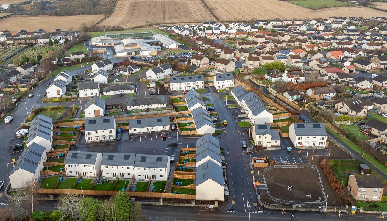 Aerial view of the Kennoway housing development, delivered by Robertson Construction